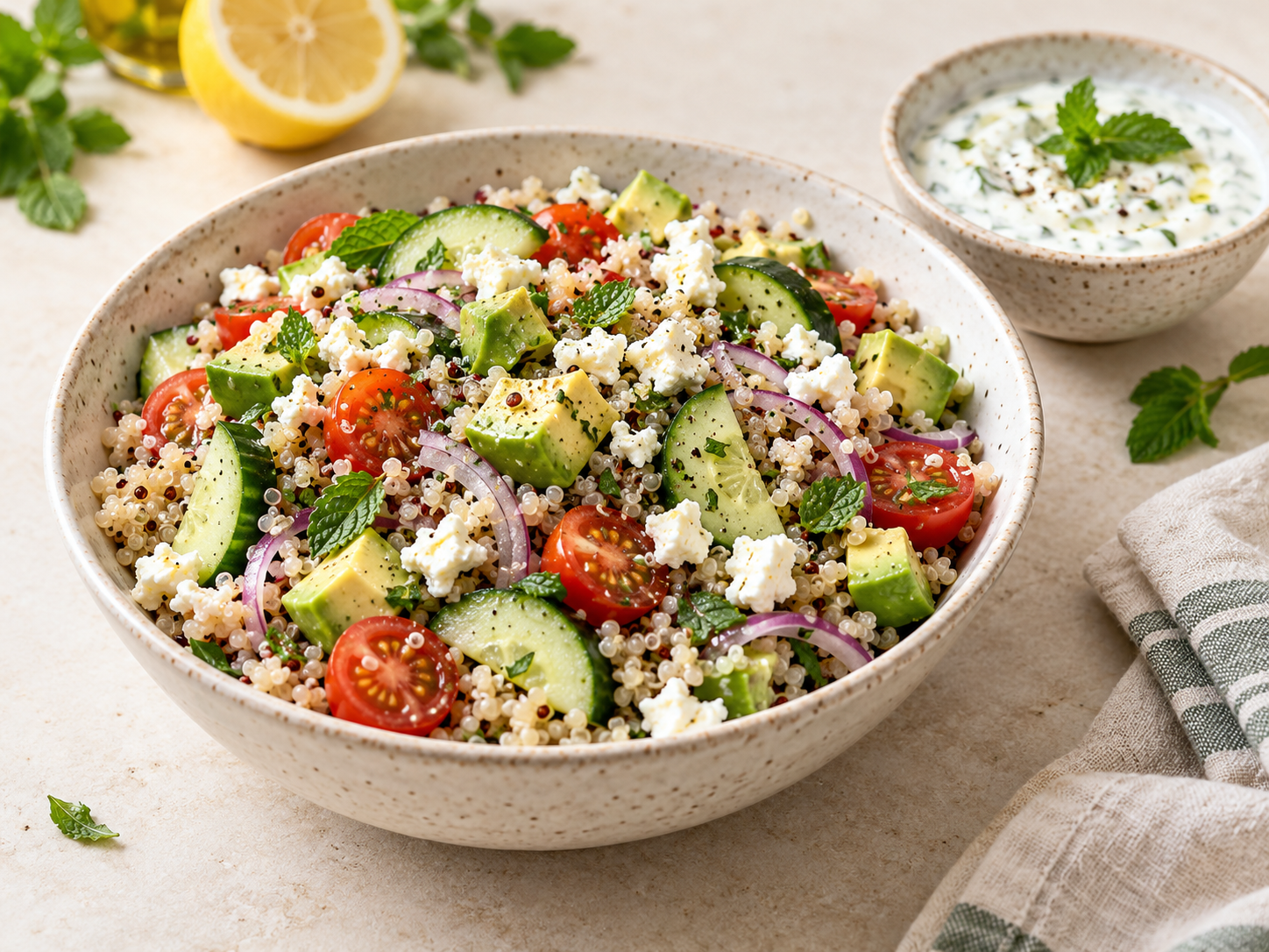 Bowl fresco de quinoa, pepino y feta