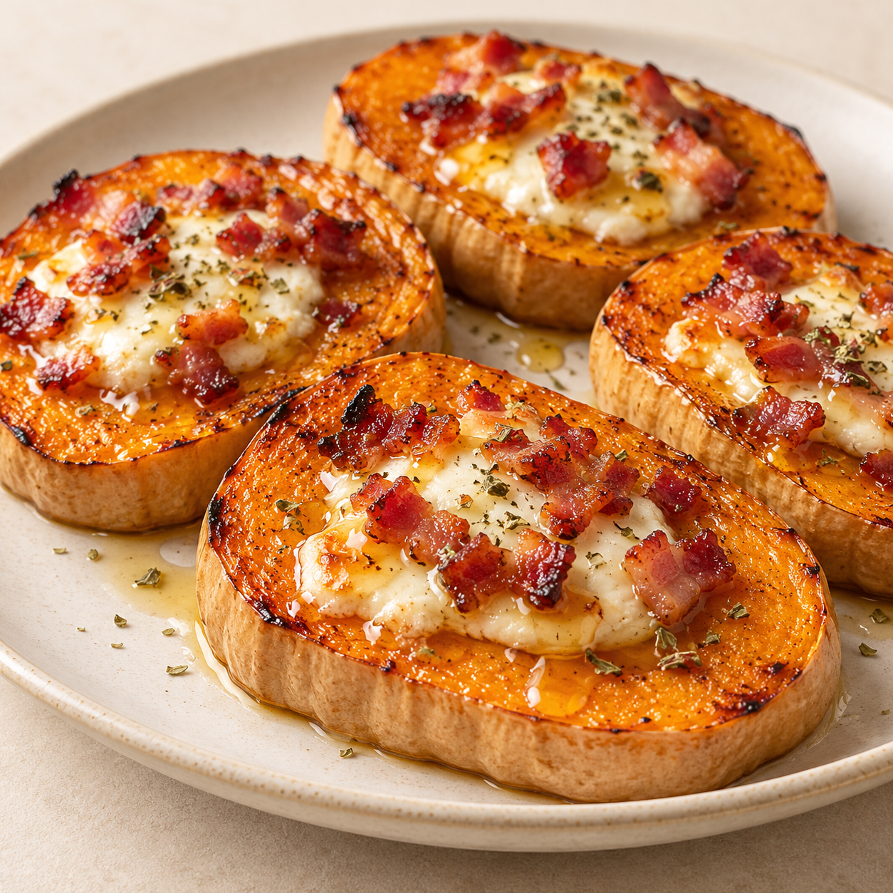 Calabaza con queso de cabra y bacon en freidora de aire