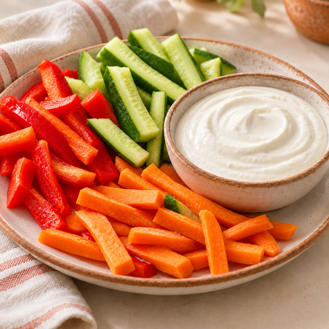 Crudités con crema de queso cottage