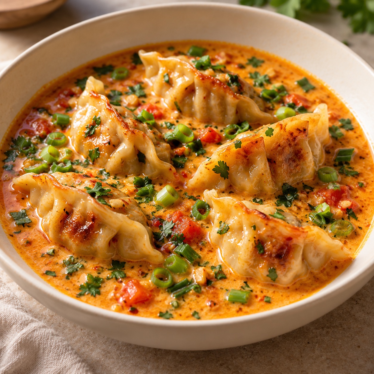 Curry de gyozas con leche de coco