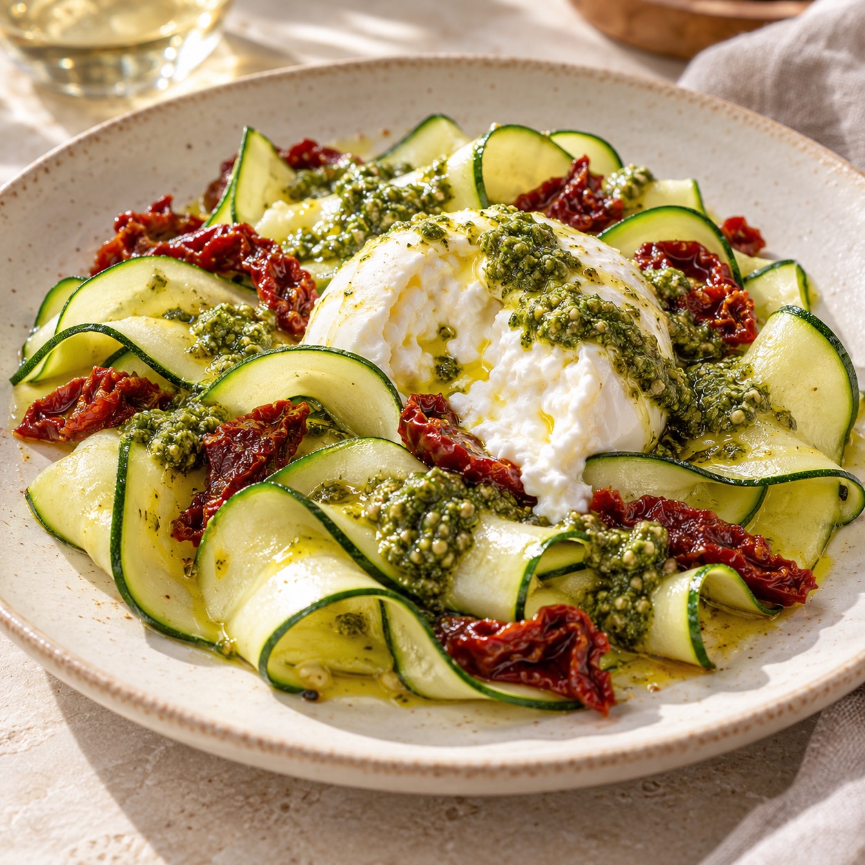 Ensalada de calabacín, tomate seco y burrata