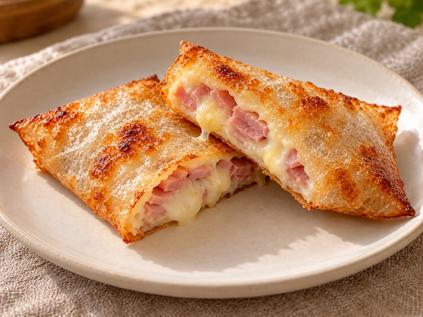 Napolitana de papel de arroz con jamón y queso