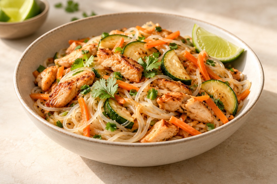 Noodles de arroz con pollo y verduras