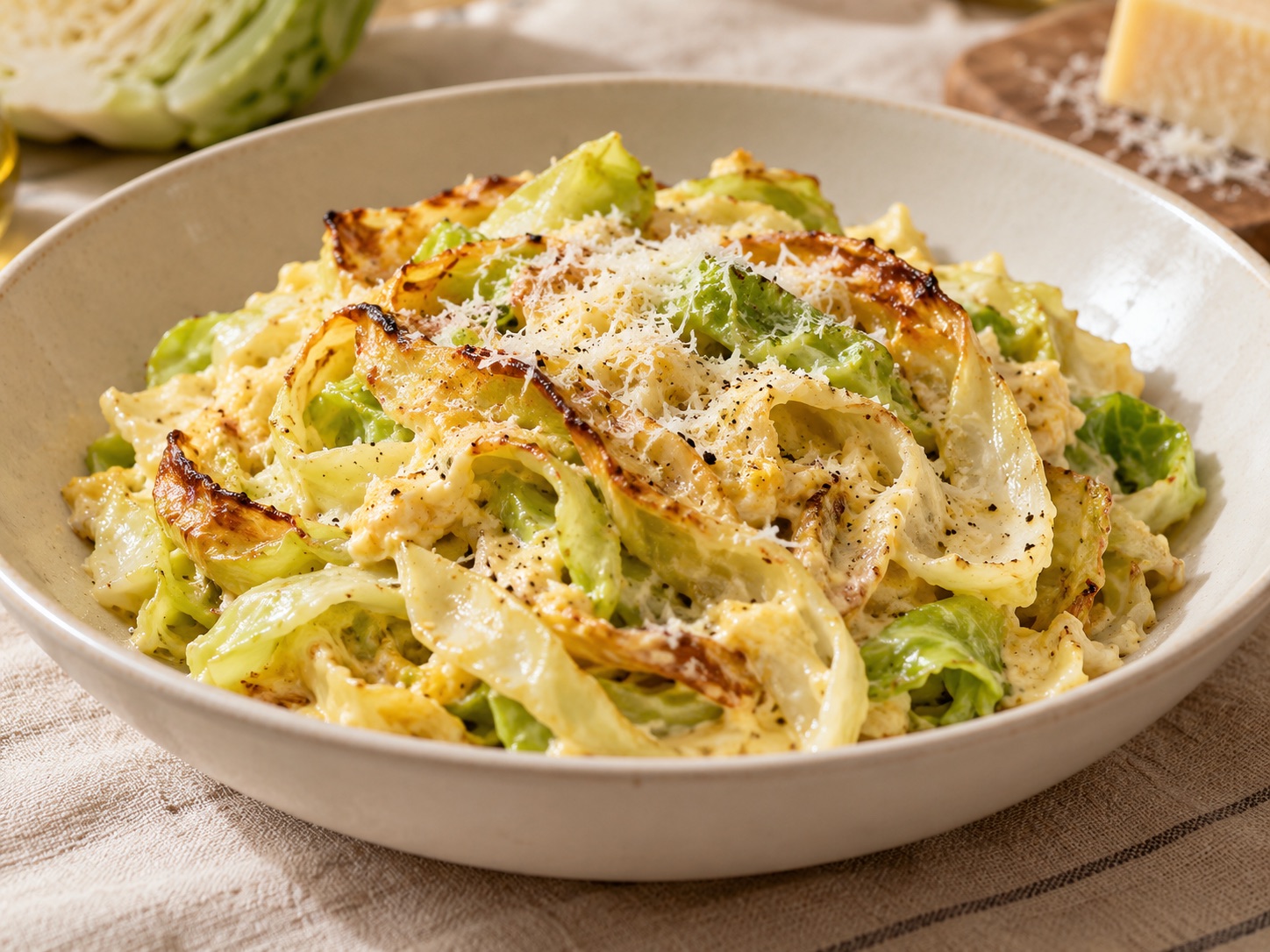 Pasta de col cremosa con huevo