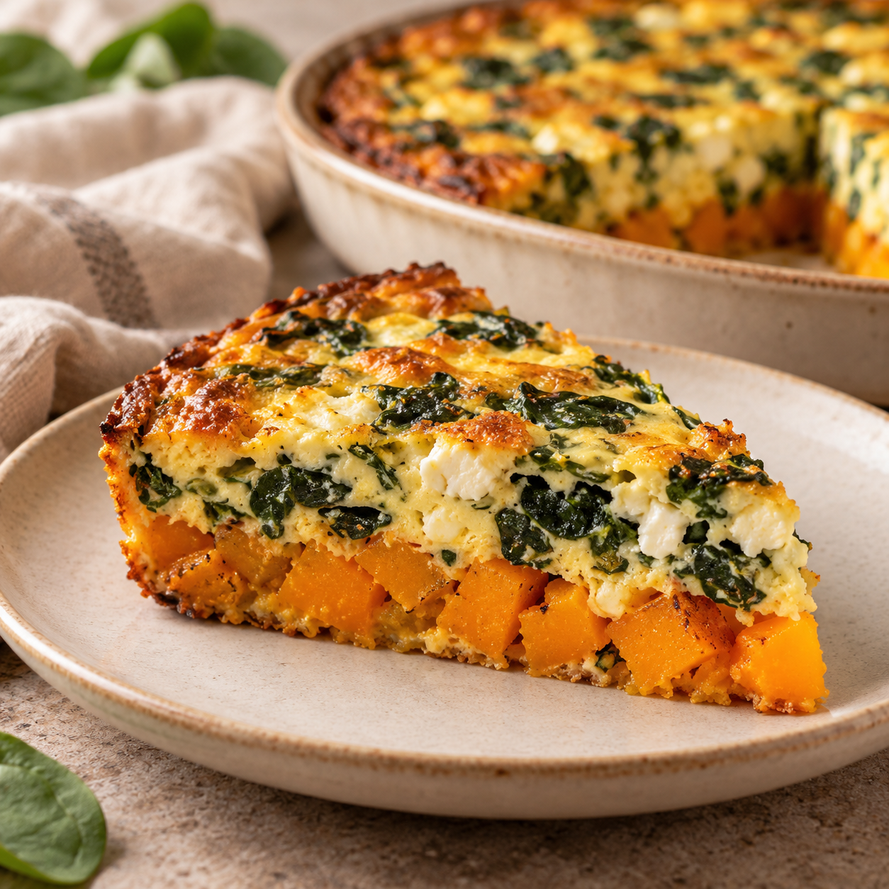 Pastel de calabaza, cottage y espinacas