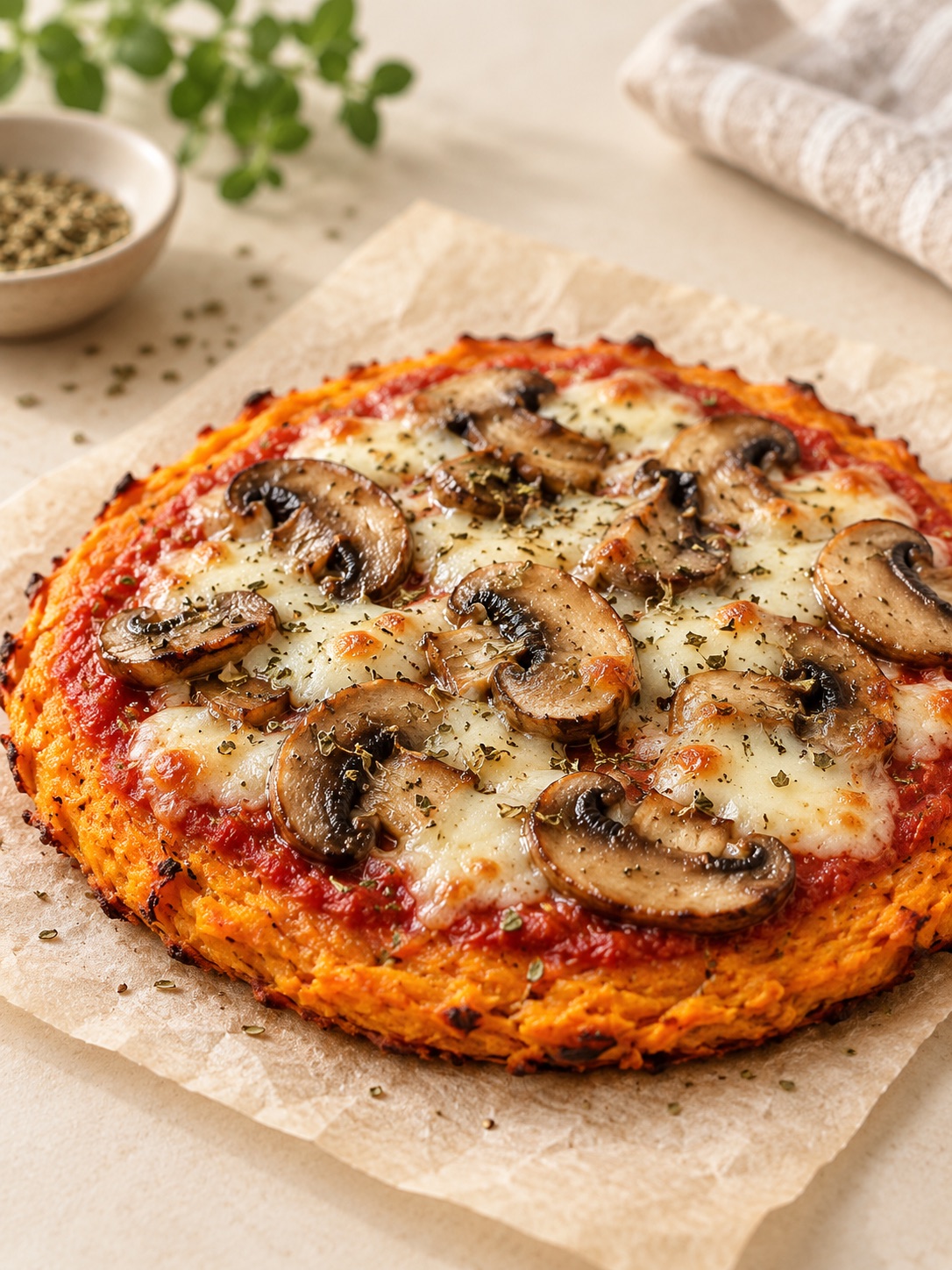 Pizza de boniato con champiñones