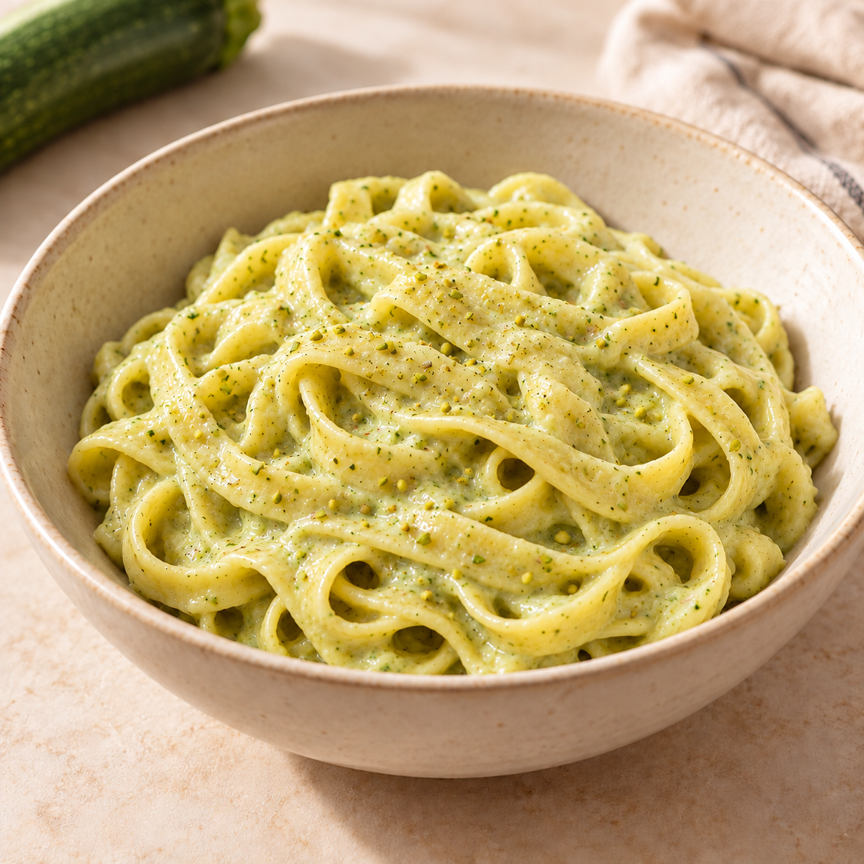 Tagliatelle con salsa de calabacín y pistachos